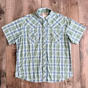 Wrangler Mens VTG Western Plaid Pearl Snap Short Sleeve Shirt, Green Blue, XL